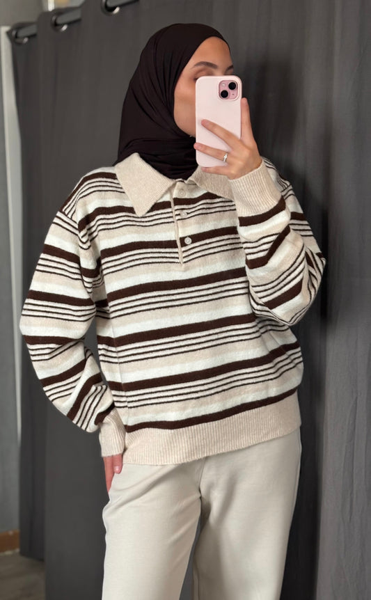 Pull à rayures - [Marron/Ecru]